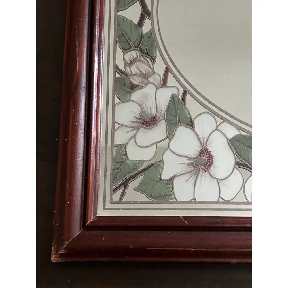 Vtg Romantic Etched Floral Flower Magnolia Oval Mirror Wood Frame Granny Retro